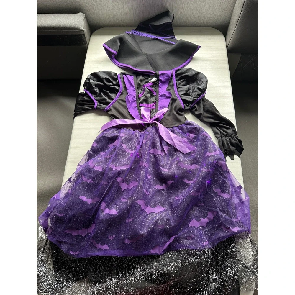 Witch Light Up Costume Dress w/Hat Halloween Bats Purple Black‎ Kids Girls 8-10
